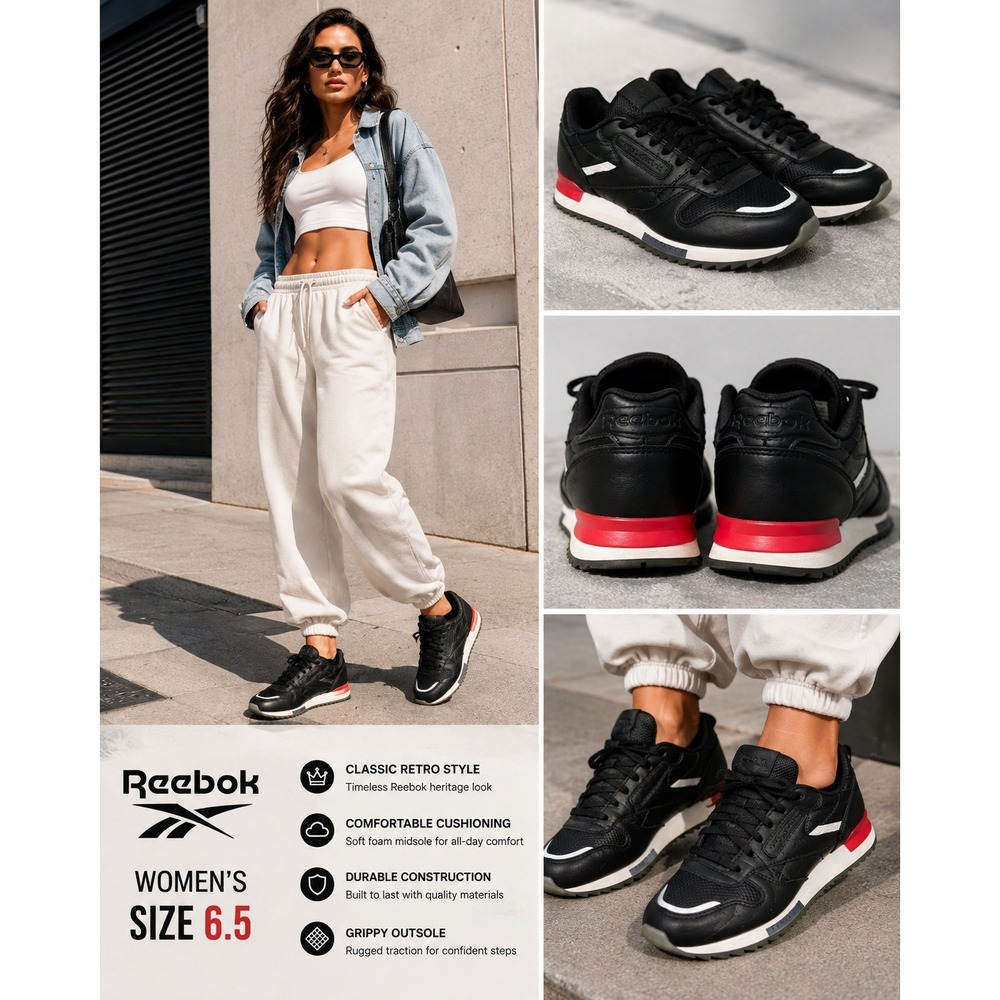 Reebok Classic Leather Ripple Black Red White Retro Sneakers BS5218 Womens 6.5